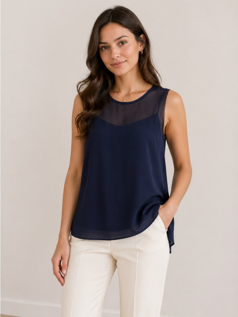 Vince Navy Silk Split Neck Sleeveless Tank Top Blouse Size L